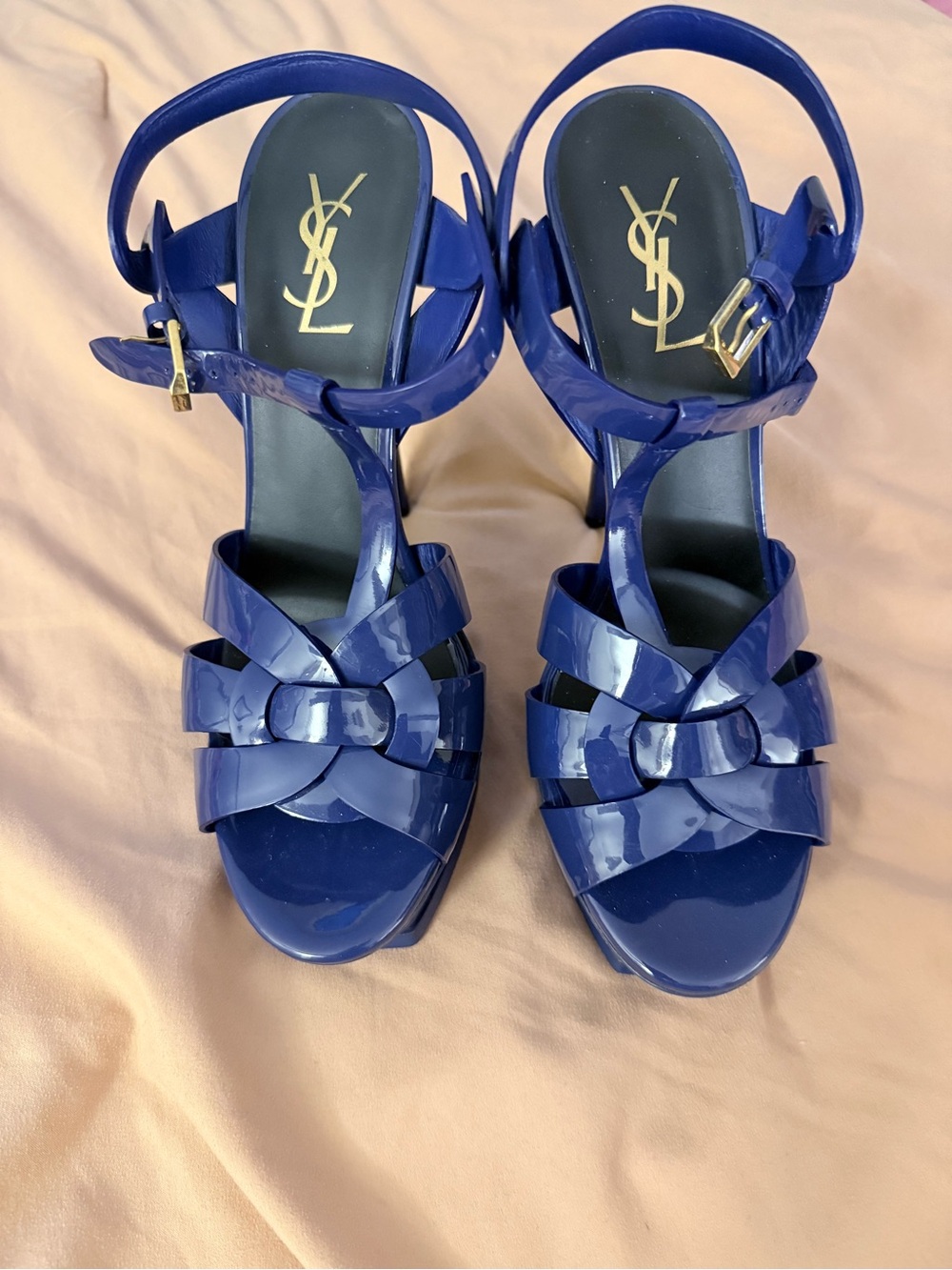 Yves Saint Laurent Royal Blue Patent Leather Woven Platform Sandals